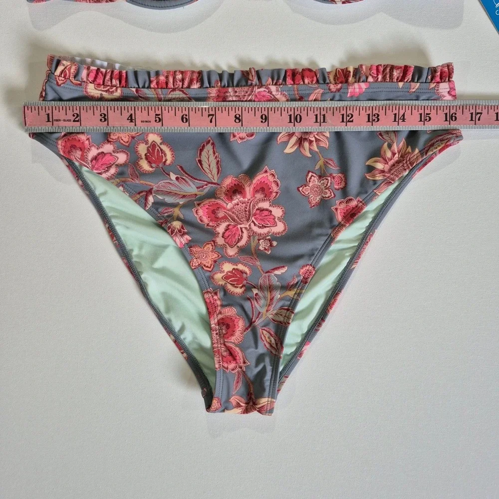 Cupshe Womens Floral Underwire Bikini Set High Waisted Ruffle Grey Pink New‎